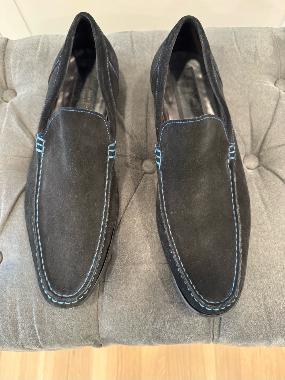 To Boot Black Suede Slip-On Loafers with Blue Topstitching